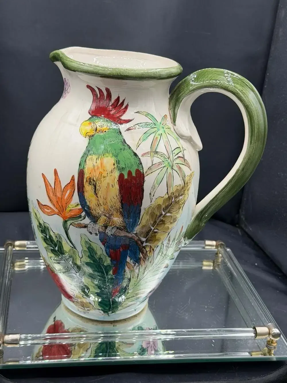 Vintage Hand-Painted Ceramic Watering Can Pitcher with Tropical Parrot Design